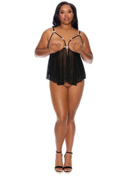 wholesale adulttoys lingerie Barely Bare Cupless Babydoll and Open Thong – Plus Size – Black